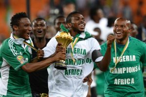 Mikel Obi, Yobo and Ejide celebrating 2013 AFCON success